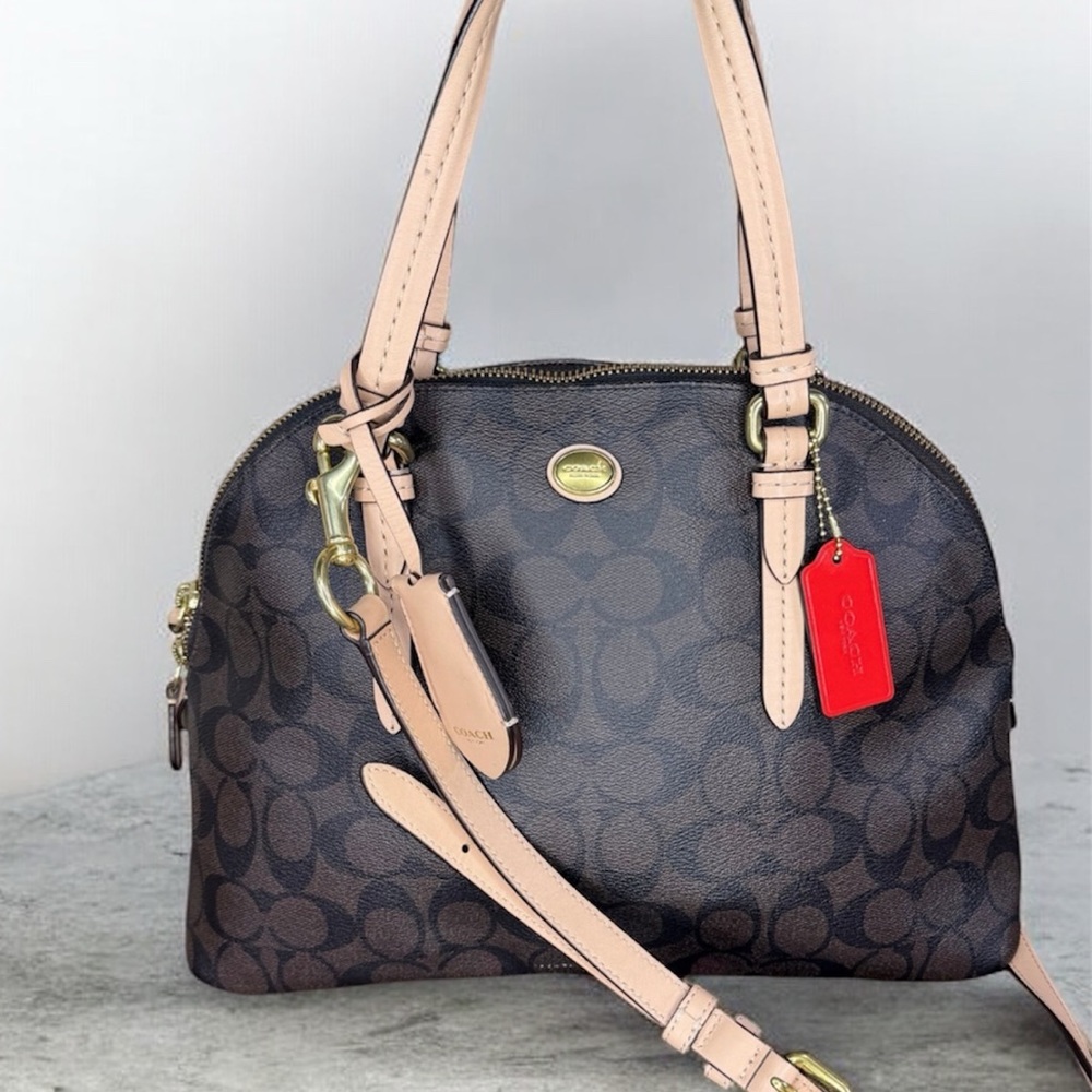 Coach Signature Dome Satchel in Brown with Beige Trim and Red Tag